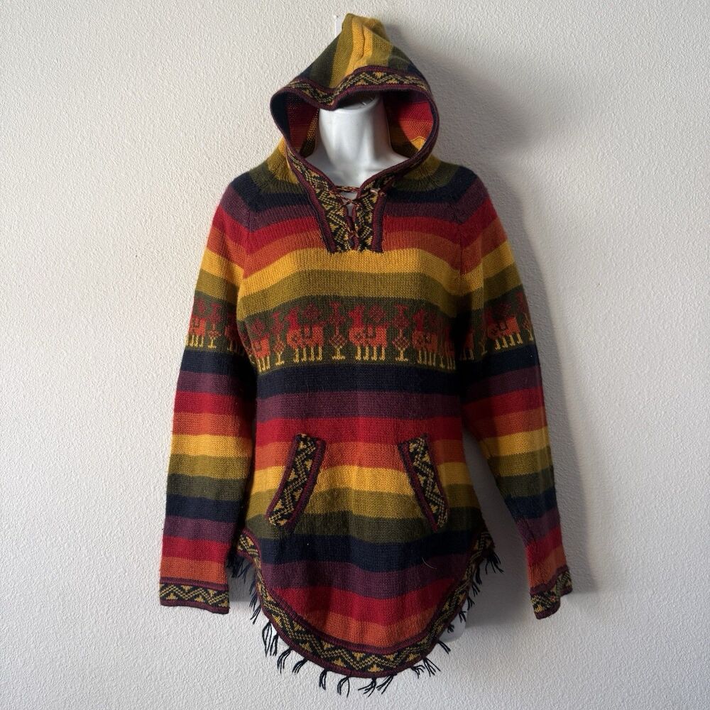 VTG Peruvian Alpaca Llama Hoodie Sweater Boho Fringe Festival Hippie Pullover S
